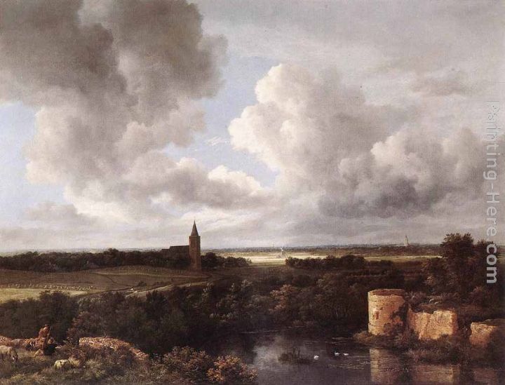 An Extensive Landscape with a Ruined Castle and a Village Church painting - Jacob van Ruisdael An Extensive Landscape with a Ruined Castle and a Village Church art painting